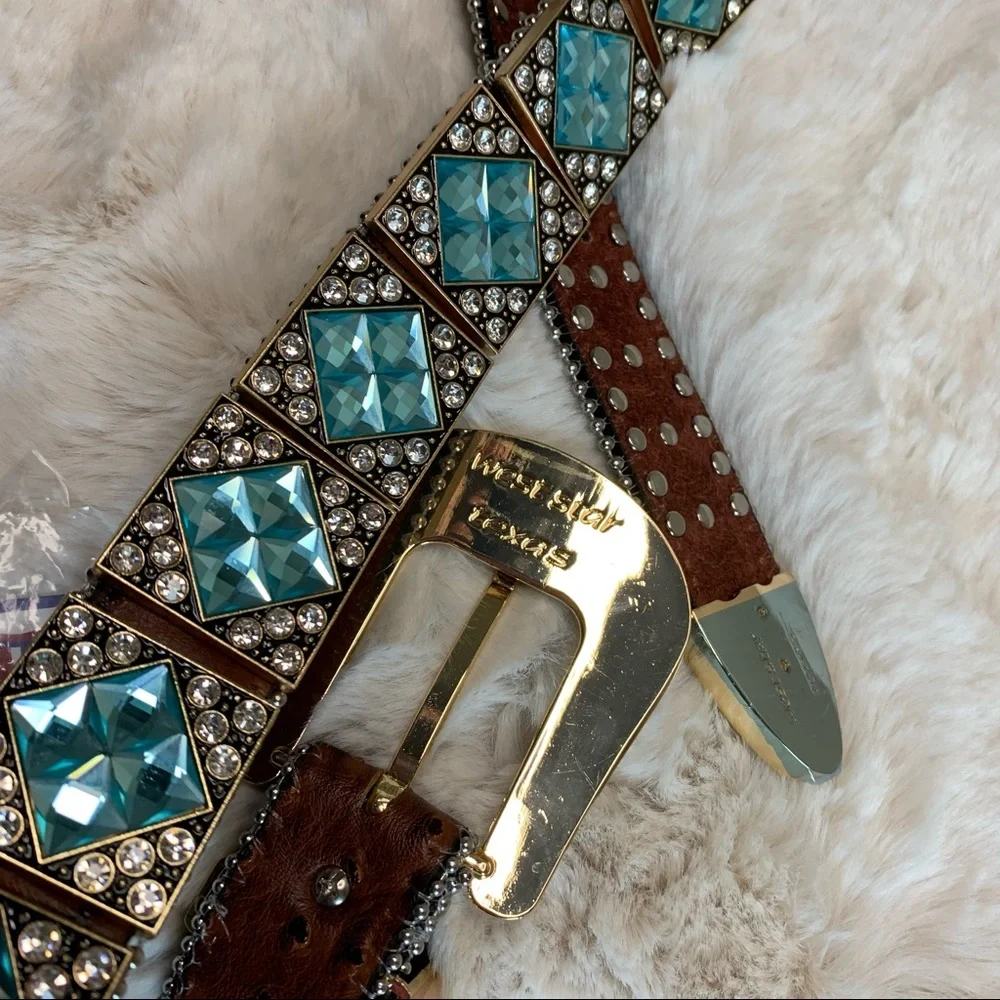 Men's West Star Texas Leather Bling Belt with Blue Crystal Conchos Size Large - Picture 3 of 11